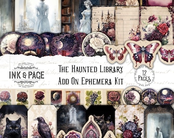 May include: A digital scrapbooking kit with 12 pages of ephemera featuring a haunted library theme. The kit includes images of books, roses, butterflies, a clock, a raven, a cat, and a moon. The text "The Haunted Library Add On Ephemera Kit" is included in the image.