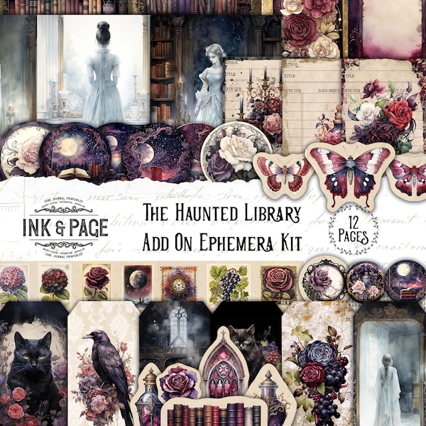 Haunted Library Ephemera Printable Junk Journal Embellishments  Vintage Halloween Gothic Tags Victorian Ghosts Dark Academia Spooky Pockets