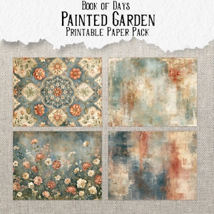 May include: A printable paper pack titled Book of Days Painted Garden featuring four distinct designs: a blue and orange floral damask pattern, a textured abstract wash in blue and rust, a field of assorted flowers, and a blue and rust abstract blend.