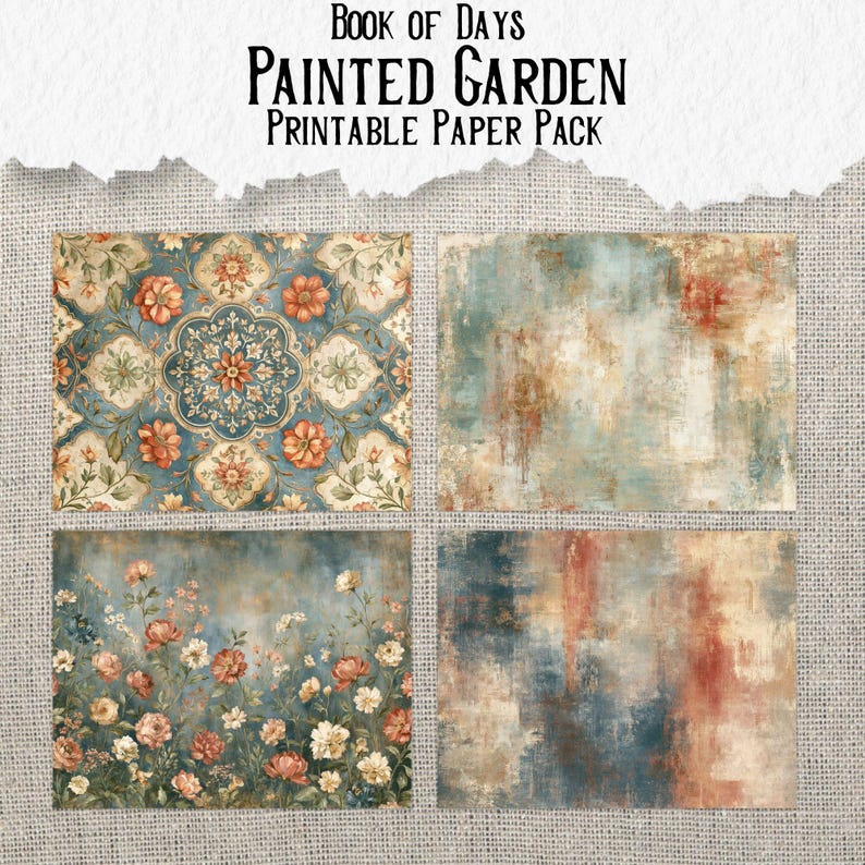 May include: A printable paper pack titled Book of Days Painted Garden featuring four distinct designs: a blue and orange floral damask pattern, a textured abstract wash in blue and rust, a field of assorted flowers, and a blue and rust abstract blend.