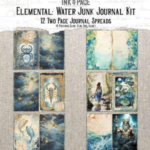 May include: Twelve digital collage sheets featuring water-themed illustrations. The images include a crab, a scorpion, a fish, a woman in a blue dress, a frog, and a man with a trident. The images are in a blue, gold, and white colour scheme.