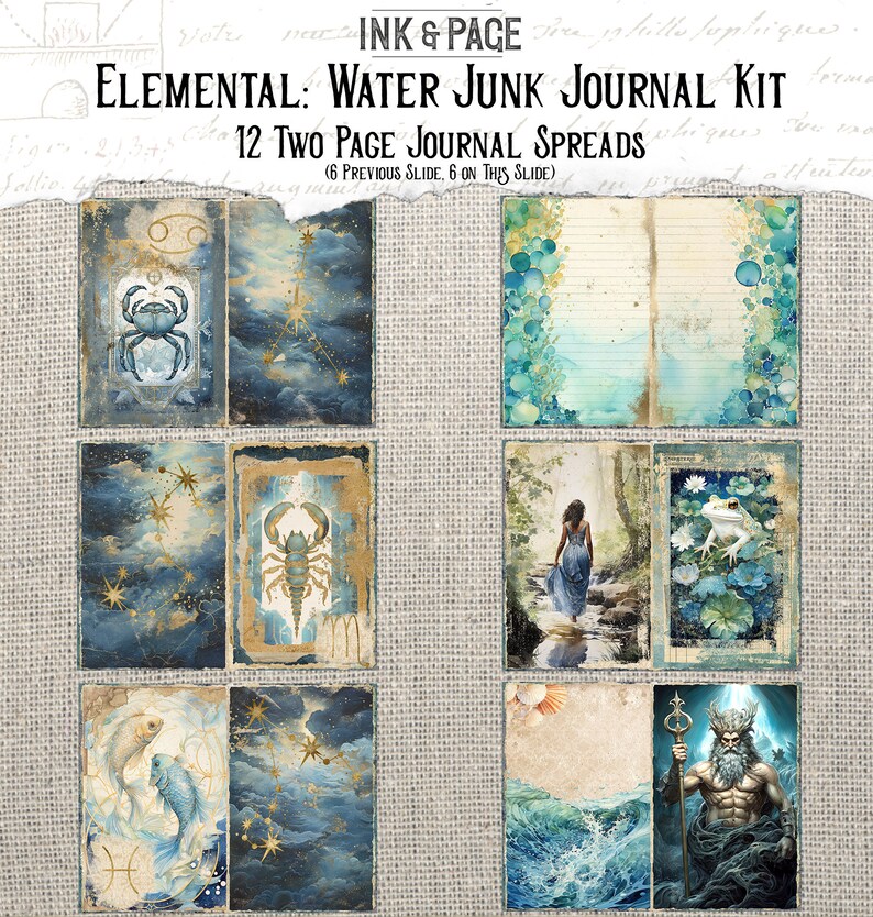 May include: Twelve digital collage sheets featuring water-themed illustrations. The images include a crab, a scorpion, a fish, a woman in a blue dress, a frog, and a man with a trident. The images are in a blue, gold, and white colour scheme.