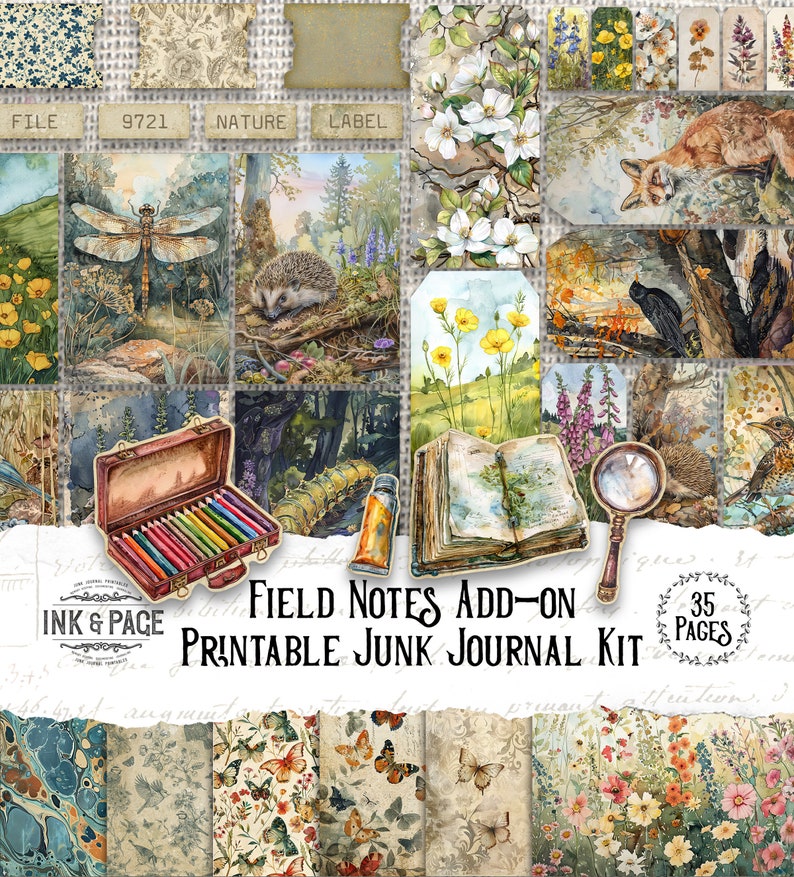 May include: A printable junk journal kit with 35 pages featuring a nature theme. The kit includes images of a dragonfly, hedgehog, fox, flowers, a magnifying glass, a book, and a set of colored pencils. The text "Field Notes Add-on" is printed on the front of the kit.