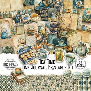 Tea Time Junk Journal Printable Kit Tea Party Digital Download Vintage Ephemera Grungy Collage Paper Scrapbook Dessert Tag Teacup ATC Teapot