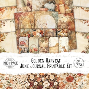 Golden Harvest Junk Journal Autumn Printable Collage Kit Fall Ephemera Pretty Vintage Pumpkin Cozy Fall Flower Rustic Paper Craft Scrapbook