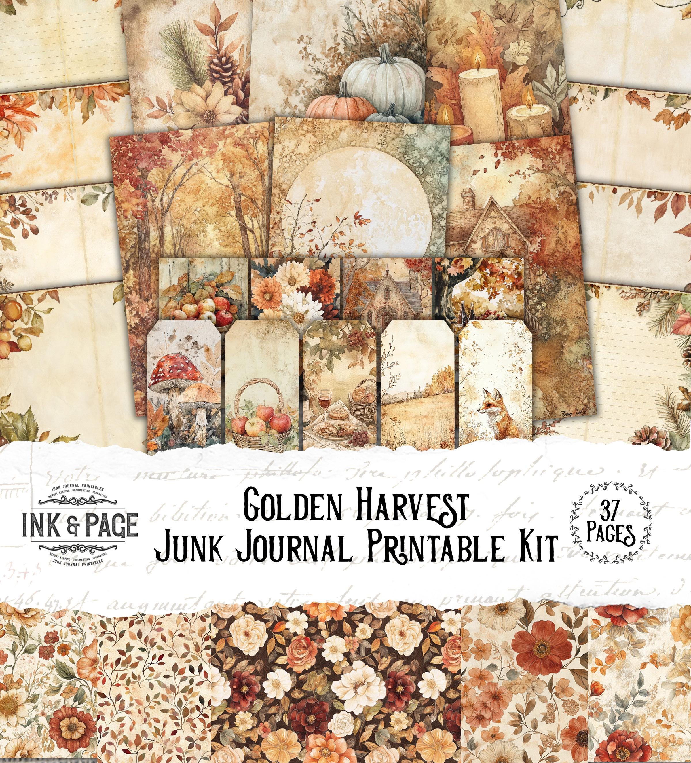 Golden Harvest Junk Journal Autumn Printable Collage Kit Fall Ephemera Pretty Vintage Pumpkin Cozy Fall Flower Rustic Paper Craft Scrapbook