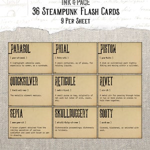 Op de afbeelding: Een set van 36 flashcards met steampunk-themawoorden en definities. De kaarten zijn beige met bruine tekst en zijn gerangschikt in een raster van 3 rijen en 3 kolommen. De woorden omvatten "parasol", "flesje", "zuiger", "kwik", "reticule", "niet", "sepia", "bedrog" en "roet".