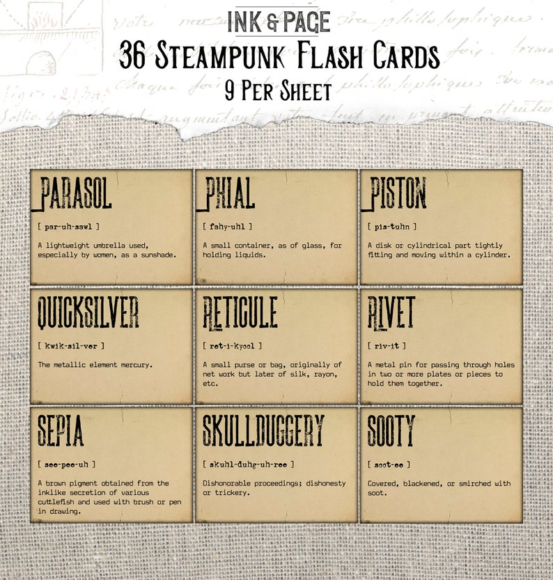 Op de afbeelding: Een set van 36 flashcards met steampunk-themawoorden en definities. De kaarten zijn beige met bruine tekst en zijn gerangschikt in een raster van 3 rijen en 3 kolommen. De woorden omvatten "parasol", "flesje", "zuiger", "kwik", "reticule", "niet", "sepia", "bedrog" en "roet".
