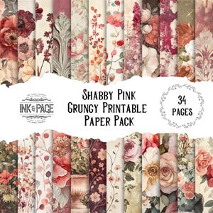 Shabby Pink Printable Paper Pack Grungy Gothic Digital Download Junk Journal Distressed Page Vintage Roses Background Red and Pink Garden