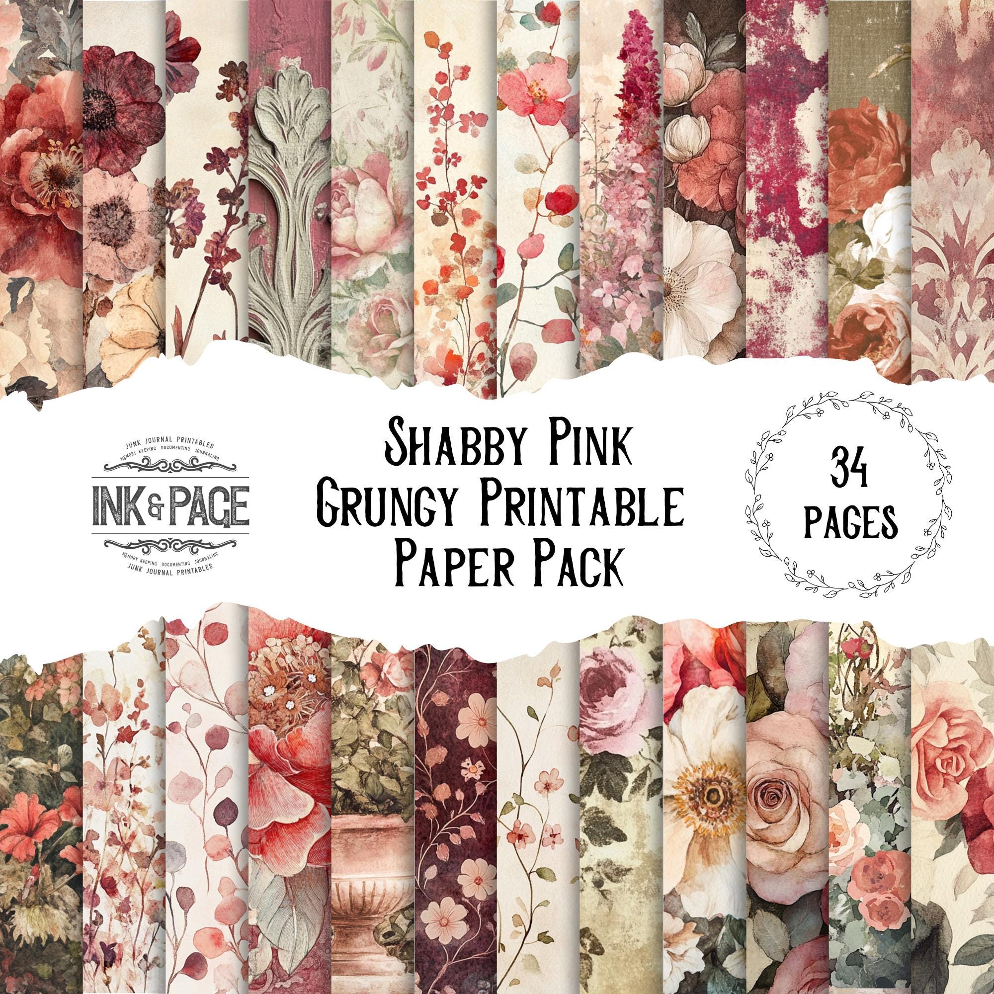 Shabby Pink Printable Paper Pack Grungy Gothic Digital Download Junk ...