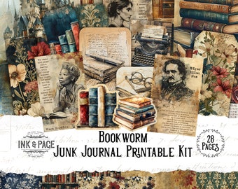Op de afbeelding: Een printbare junk journal kit met 28 pagina's met vintage boekillustraties, bloemenpatronen en citaten. De kit bevat een citaat van Edgar Allan Poe, een portret van Maya Angelou en een vintage typemachine.