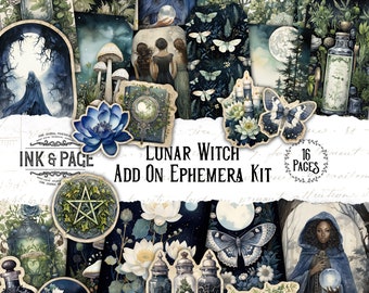 Lunar Witch Printable Ephemera Junk Journal Verzierungen Mond Digital Download Grüne Hexe Buch der Schatten Magie Grimoire Dark Forest Bujo