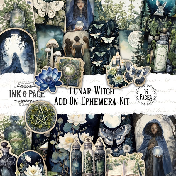 Bruja Lunar Imprimible Ephemera Junk Journal Embellecimientos Luna Digital Descargar Bruja Verde Libro de Sombras Magia Grimorio Bosque Oscuro Bujo