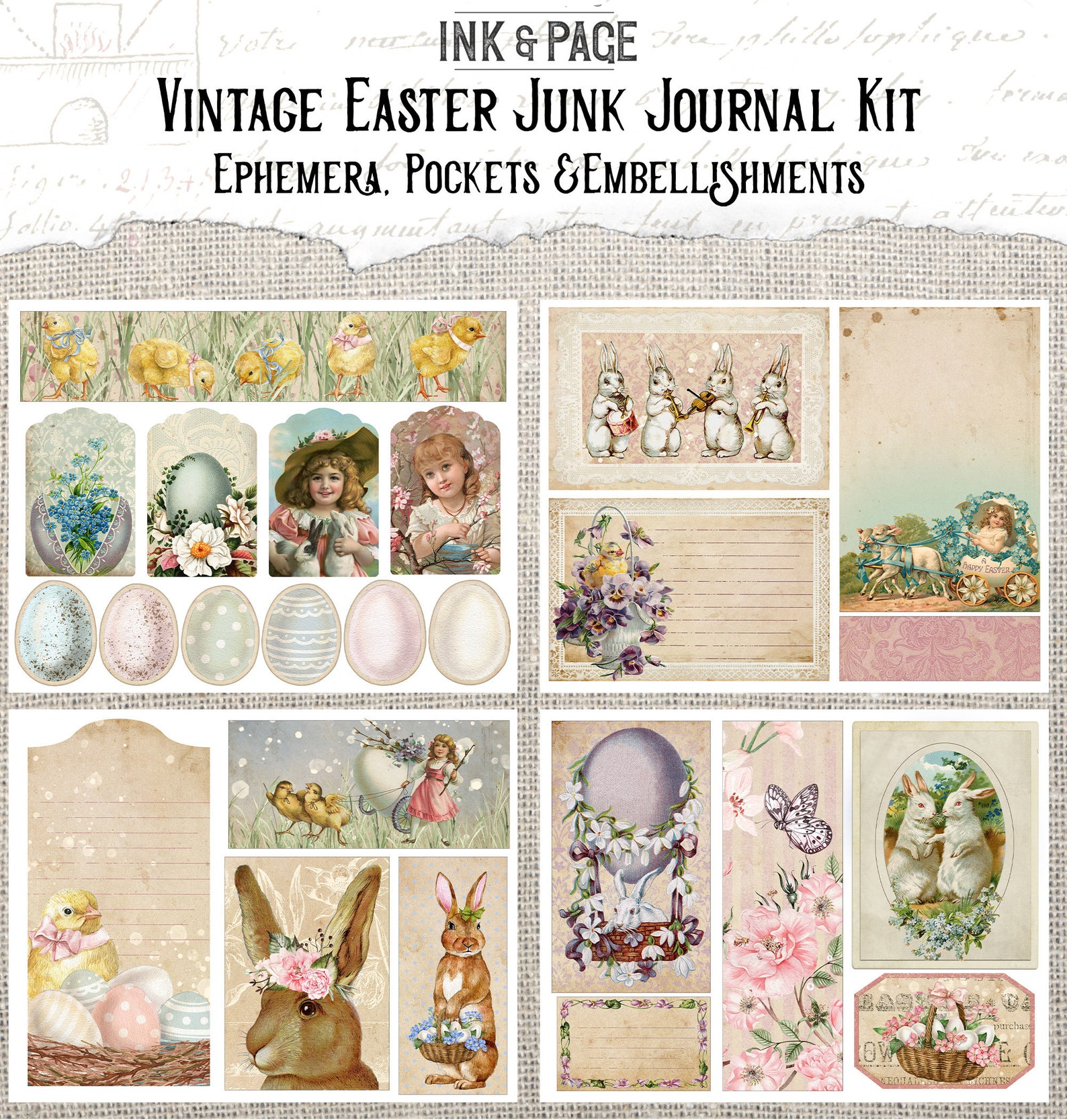 Vintage Easter Printable Junk Journal Kit, Spring Digital Papers, Bunny ...