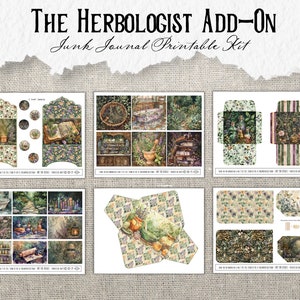 K&ouml;nnte beinhalten: Druckbarer Kit f&uuml;r Junk Journaling mit botanischem Thema. Das Kit enth&auml;lt Umschl&auml;ge, Papiere und Verzierungen mit Bildern von Kr&auml;utern, Blumen und Apothekenartikeln. Das Kit tr&auml;gt den Titel "The Herbologist Add-On Junk Journal Printable Kit".