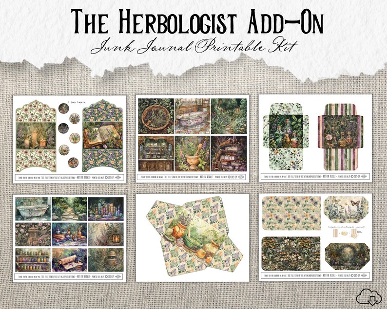 K&ouml;nnte beinhalten: Druckbarer Kit f&uuml;r Junk Journaling mit botanischem Thema. Das Kit enth&auml;lt Umschl&auml;ge, Papiere und Verzierungen mit Bildern von Kr&auml;utern, Blumen und Apothekenartikeln. Das Kit tr&auml;gt den Titel "The Herbologist Add-On Junk Journal Printable Kit".