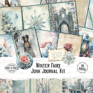 Diário de fadas de inverno kit para impressão fantasia download digital caprichoso floresta scrapbook floco de neve papel floresta inverno coisas efêmeras mágicas