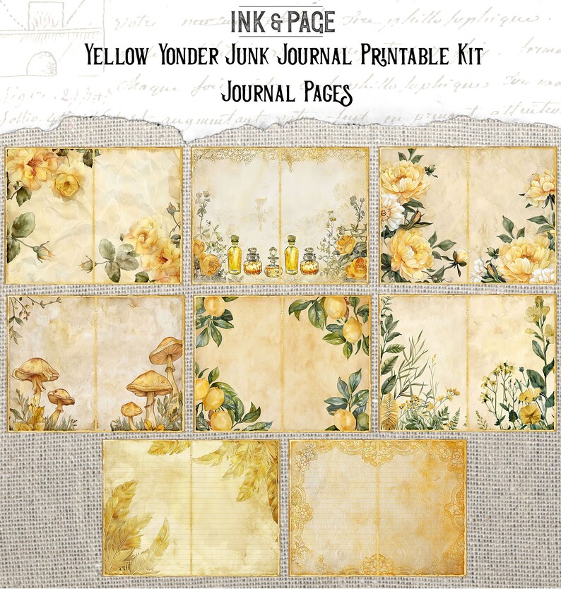 Yellow Yonder Printable Junk Journal Kit Ephemera Digital Download Gold ...