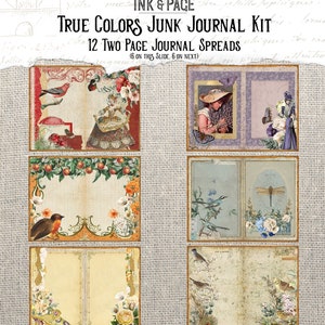 May include: A set of 12 two-page journal spreads featuring vintage illustrations of birds, flowers, and insects. The spreads are designed for use in junk journals and feature a variety of colors and patterns.  "INK & PACE TRUE COLORS JUNK JOURNAL KIT 12 TWO PAGE JOURNAL SPREADS (6 ON THIS SLIDE, 6 ON NEXT)" is printed on the top of the image.