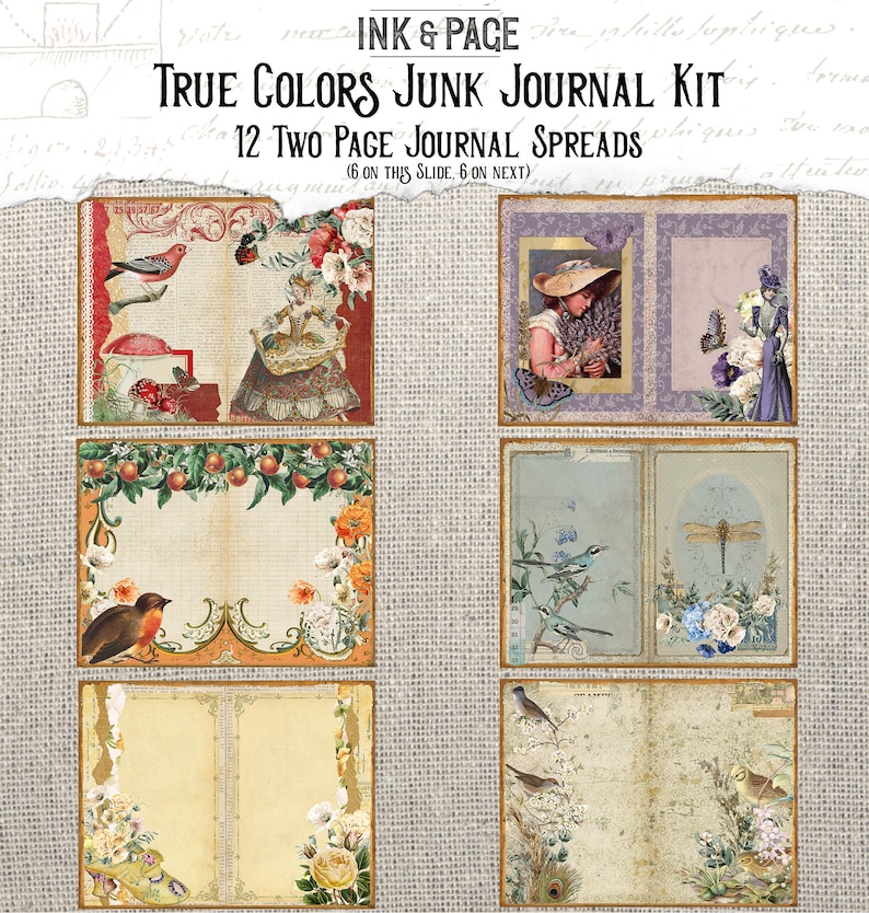 May include: A set of 12 two-page journal spreads featuring vintage illustrations of birds, flowers, and insects. The spreads are designed for use in junk journals and feature a variety of colors and patterns.  "INK & PACE TRUE COLORS JUNK JOURNAL KIT 12 TWO PAGE JOURNAL SPREADS (6 ON THIS SLIDE, 6 ON NEXT)" is printed on the top of the image.
