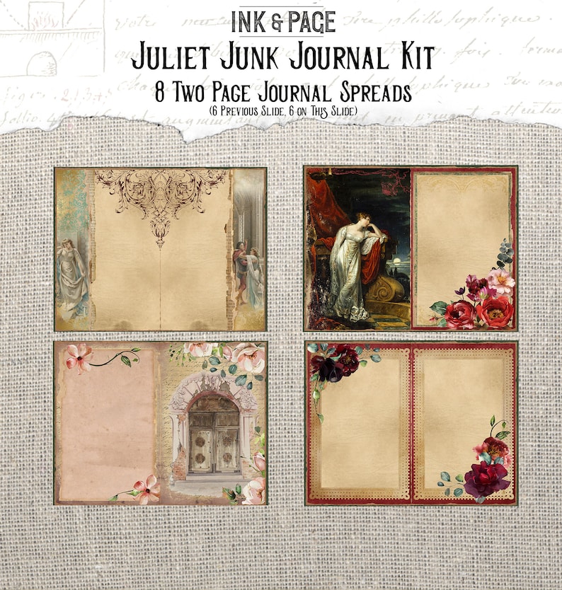 May include: A digital junk journal kit with eight two-page spreads featuring vintage images and floral designs. The kit includes images of a woman in a white dress, a doorway, and red roses.