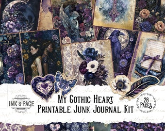May include: A printable junk journal kit with 28 pages featuring a gothic theme. The kit includes images of angels, crosses, ravens, flowers, and other gothic elements in shades of purple, black, and white.