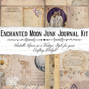 May include: A digital printable junk journal kit with a vintage aesthetic featuring a moon and stars theme. The kit includes papers with illustrations of moons, stars, and celestial figures, as well as text and patterns.