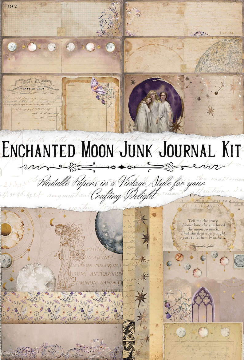 Enchanted Moon Junk Journal Printable Kit, Celestial Journal, Purple Junk Journal image 1