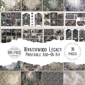 Puede incluir: Una colección de diseños de papel imprimibles con una estética vintage. El "Kit de complementos imprimibles Wraithwood: Legacy" presenta varias imágenes, incluyendo retratos, arreglos florales y elementos decorativos, todo en tonos apagados.