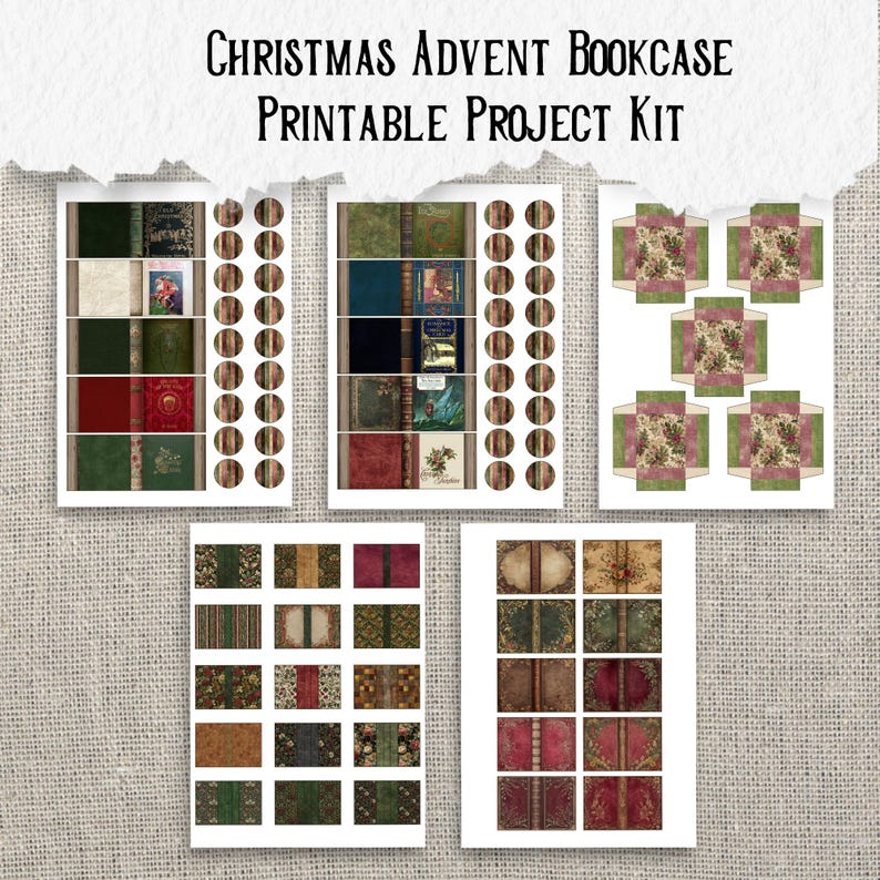 Utskrivbart kit för adventsbokhylla | Miniboklådor | Vintage julbibliotek | Skräpjournal och papperspysselprojekt bild 5
