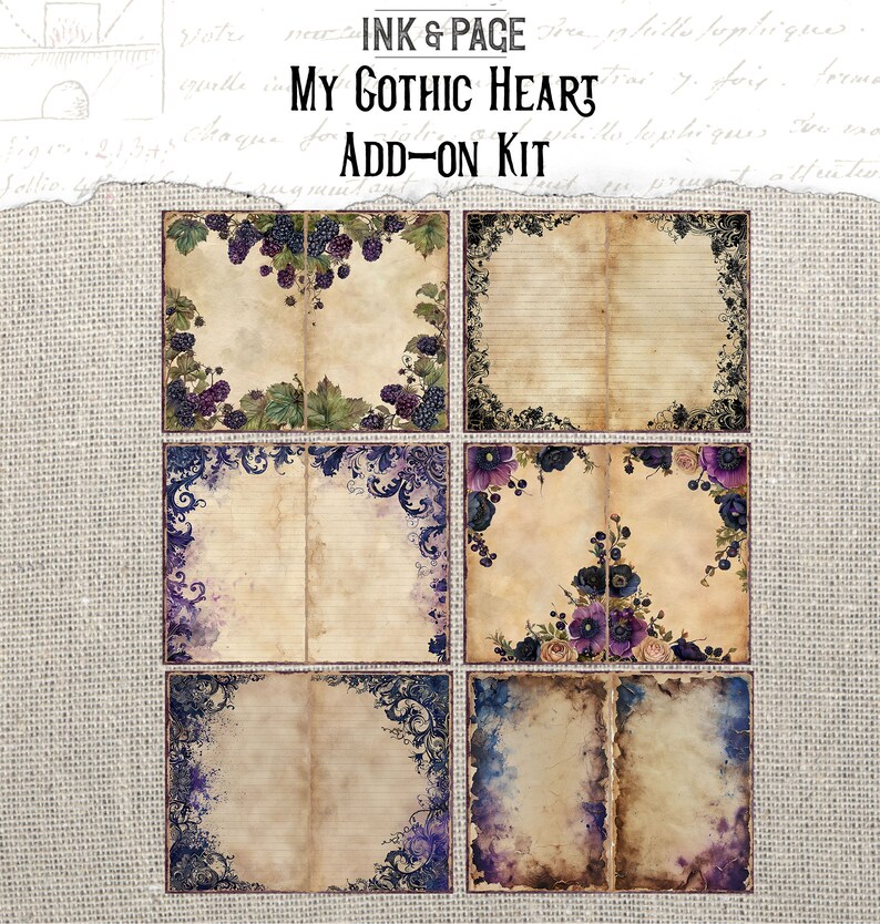 Puede incluir: Seis p&aacute;ginas de diario imprimibles con un tema g&oacute;tico. Las p&aacute;ginas presentan moras, flores y bordes ornamentados en tonos de morado y azul sobre un fondo de estilo vintage.