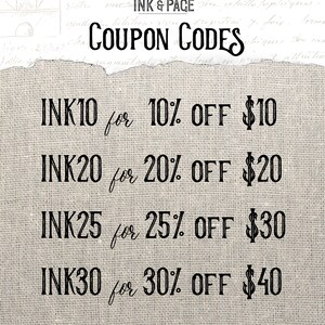 Op de afbeelding: Een afbeelding op een jute achtergrond met de tekst "INK & PACE COUPON CODES" en vier kortingscodes: INK10 voor 10% korting - &euro;10, INK20 voor 20% korting - &euro;20, INK25 voor 25% korting - &euro;30 en INK30 voor 30% korting - &euro;40.