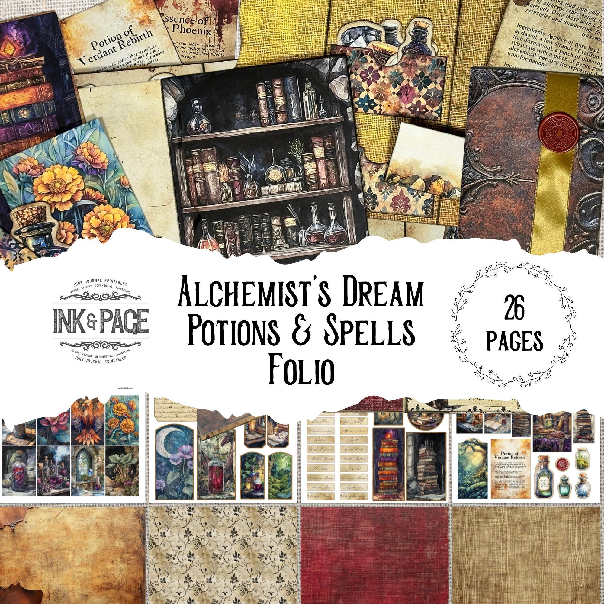 Alchemists Dream Potions and Spells Folio Wizard Junk Journal Printable Project Medieval Science Esoteric Magic Papercraft Mystical Ephemera