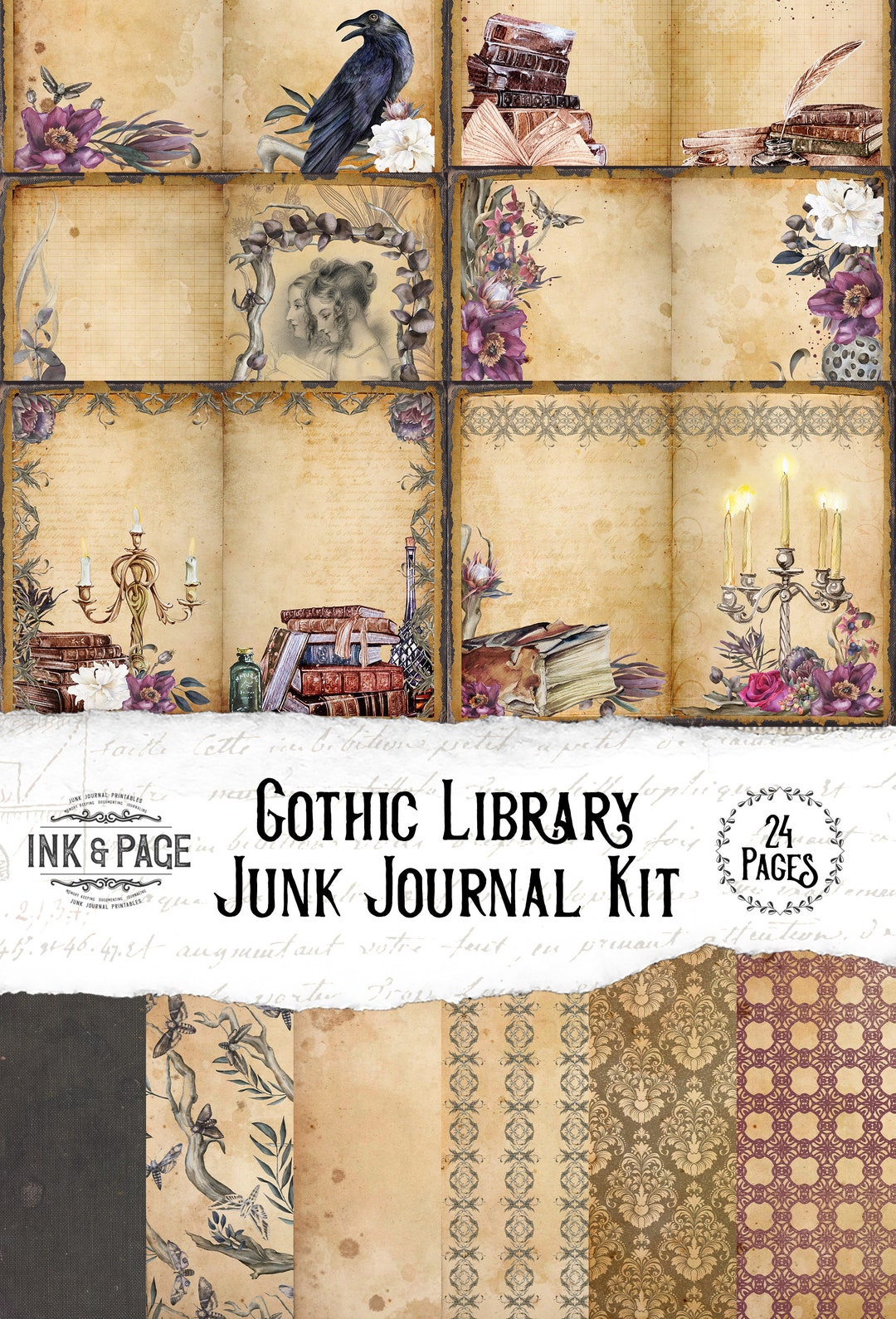 Gothic Library Printable Junk Journal Kit, Dark Academia, Digital ...