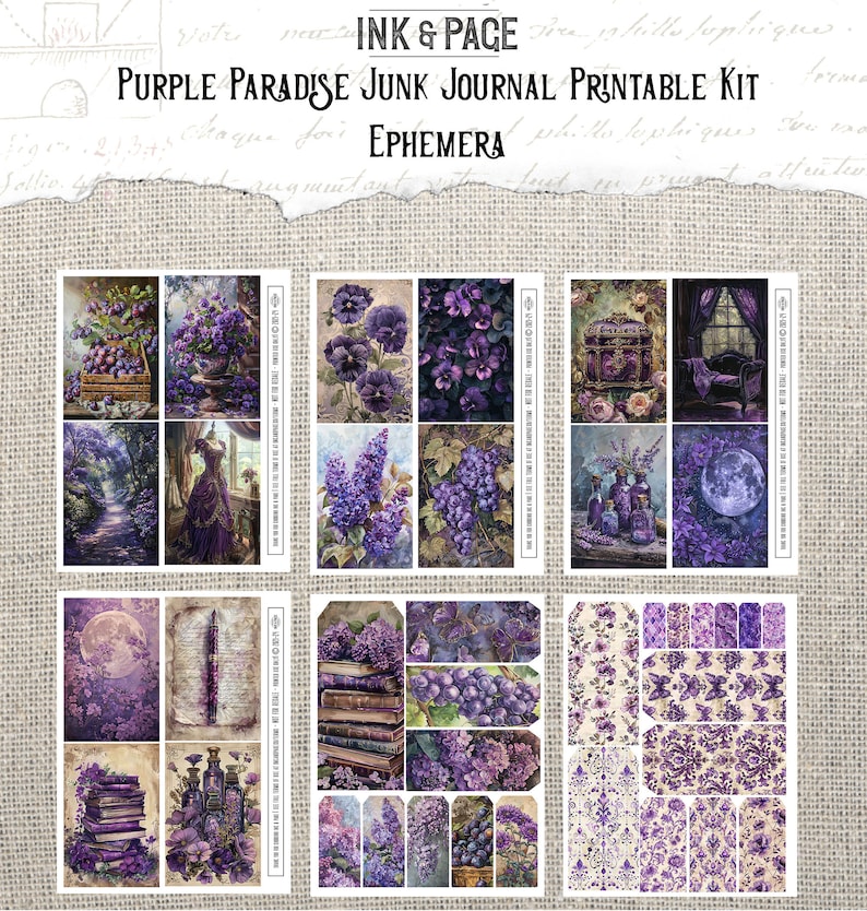 Purple Paradise Printable Junk Journal Kit Digital Ephemera Lavender Watercolor Collage Background Paper Rainbow Scrapbook Paper Crafting imagen 5
