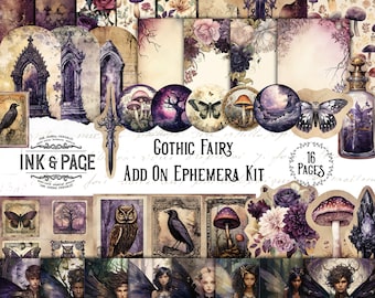 May include: A digital collage kit with 16 pages of gothic fairy themed images. The kit includes images of fairies, owls, crows, mushrooms, trees, and other gothic elements. The kit is perfect for scrapbooking, card making, and other crafting projects.