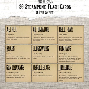 Op de afbeelding: Een set van 36 steampunk-flashcards, elk met een ander woord en definitie. De kaarten zijn gedrukt op een beige achtergrond met zwarte tekst. De woorden omvatten "Aether", "Automaton", "Bell Jar", "Brass", "Clockwork", "Compass", "Contrivance", "Decollete" en "Dirigible".