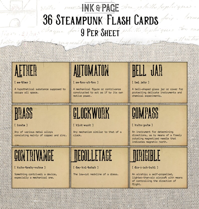 Op de afbeelding: Een set van 36 steampunk-flashcards, elk met een ander woord en definitie. De kaarten zijn gedrukt op een beige achtergrond met zwarte tekst. De woorden omvatten "Aether", "Automaton", "Bell Jar", "Brass", "Clockwork", "Compass", "Contrivance", "Decollete" en "Dirigible".