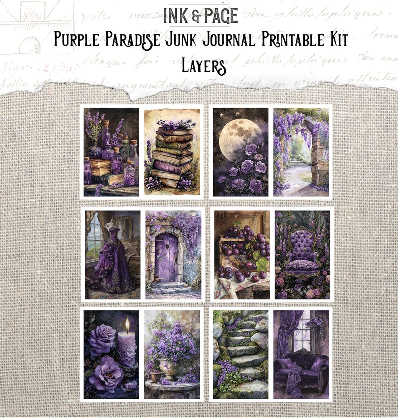 Purple Paradise Printable Junk Journal Kit Digital Ephemera Lavender Watercolor Collage Background Paper Rainbow Scrapbook Paper Crafting zdjęcie 2
