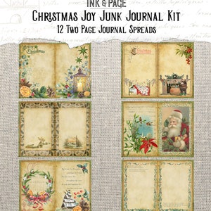 K&ouml;nnte beinhalten: Ein Weihnachts-Junk-Journal-Kit mit 12 doppelseitigen Seiten. Die Seiten sind mit Vintage-Illustrationen verziert, darunter eine Laterne, ein Kamin, ein Weihnachtskranz und der Weihnachtsmann. Das Kit ist perfekt zum Scrapbooking, Journaling und Basteln.