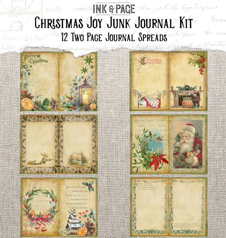 K&ouml;nnte beinhalten: Ein Weihnachts-Junk-Journal-Kit mit 12 doppelseitigen Seiten. Die Seiten sind mit Vintage-Illustrationen verziert, darunter eine Laterne, ein Kamin, ein Weihnachtskranz und der Weihnachtsmann. Das Kit ist perfekt zum Scrapbooking, Journaling und Basteln.