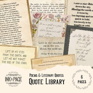 Peut inclure: Un ensemble de six pages imprimables présentant diverses citations littéraires et poèmes sur des textures de papier vieilli. Les designs incluent des bordures florales, une calligraphie manuscrite et des extraits de textes d'auteurs.