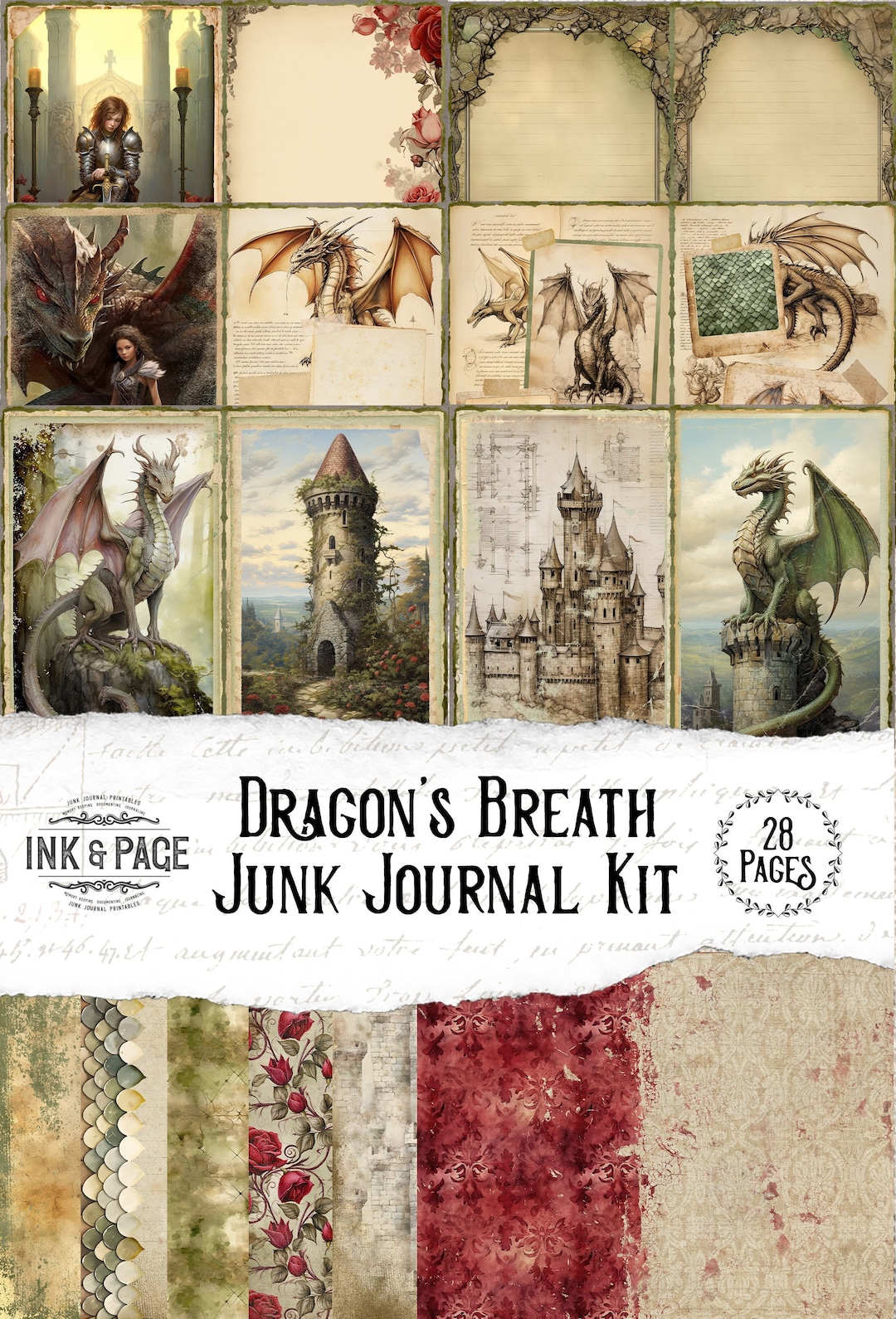 Dragon Junk Journal Printable Kit Fantasy Digital Download Lady Knights