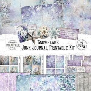 Sneeuwvlok Junk Journal afdrukbare Kit Winter Grunge digitale papier Download sneeuw collage papier Vintage Ephemera Scrapbook aquarel Kerstmis