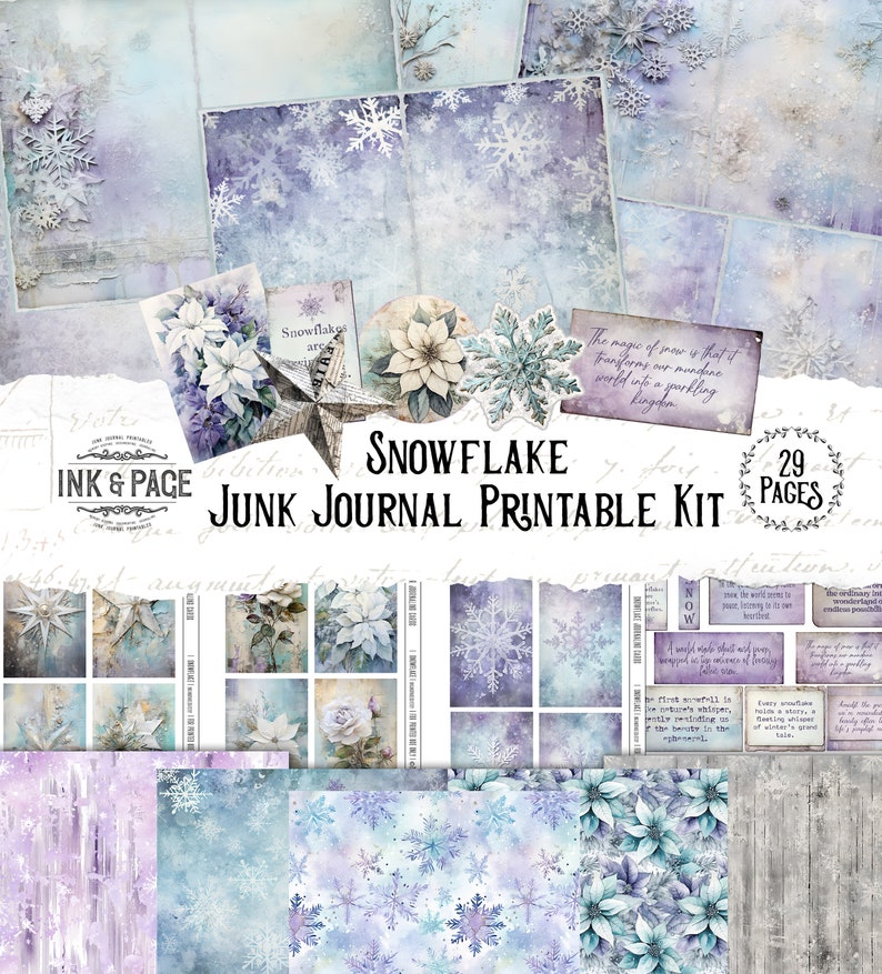 Snowflake Junk Journal Printable Kit Winter Grunge Digital Paper ...