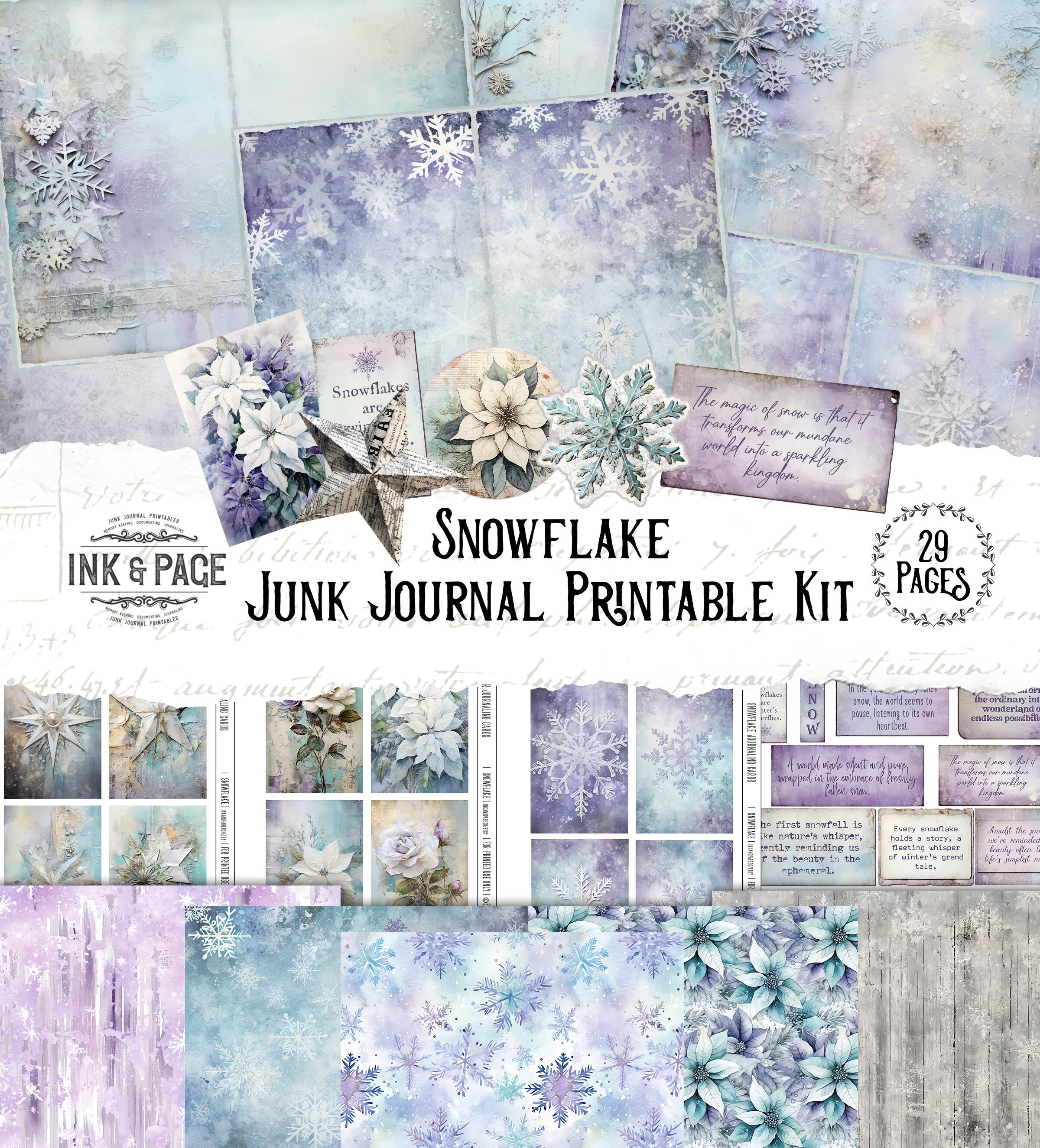 Snowflake Junk Journal Printable Kit Winter Grunge Digital Paper ...