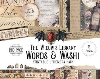 May include: A printable ephemera pack titled The Widow's Library Words & Washi featuring 16 pages of vintage-style paper, floral patterns, dictionary definitions, bat illustrations, a red gemstone emblem, and apothecary bottle graphics.