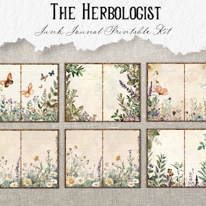 May include: Printable junk journal kit with six pages featuring floral and botanical illustrations. The pages have lined paper and are decorated with butterflies, flowers, and herbs.
