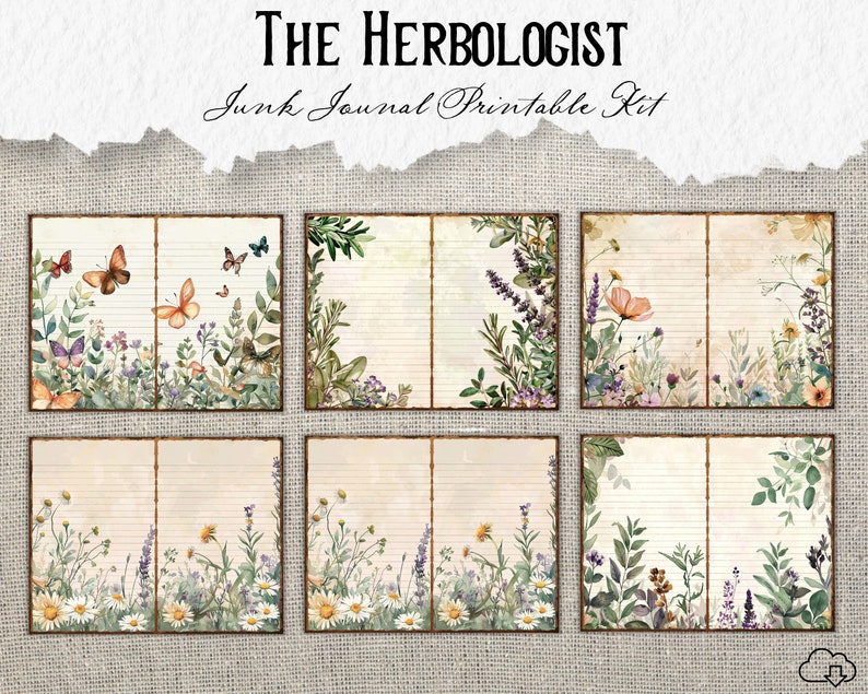 May include: Printable junk journal kit with six pages featuring floral and botanical illustrations. The pages have lined paper and are decorated with butterflies, flowers, and herbs.