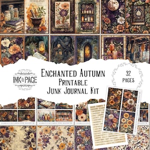 Kit para impressão de diário de lixo de outono encantado, download digital de floresta mágica de outono, grimório de bruxa, papel de scrapbook de ervas, madeiras escuras místicas